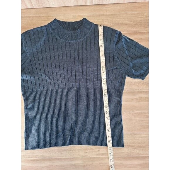 Blue Ribbed Sweater Shirt Short Sleeve Mock Neck Knit Top Casual Stretchy Tee - Picture 4 of 5